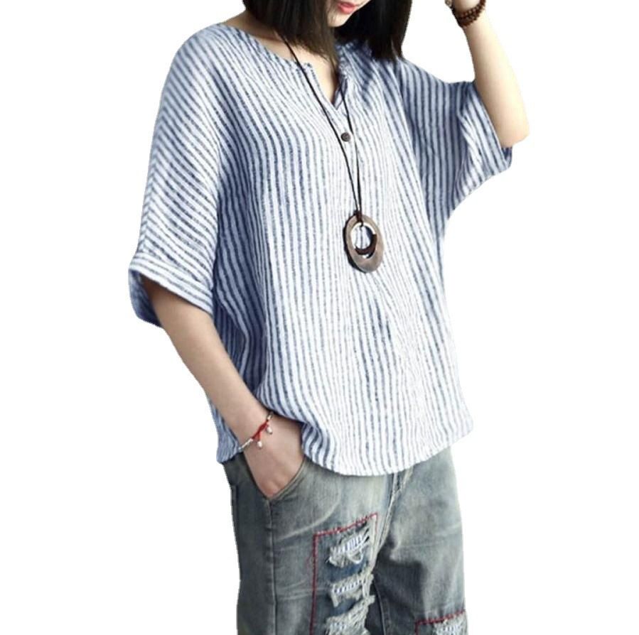 Women Striped Cotton Blend Batwing Casual Top T-Shirt grey 4XL โ image 2