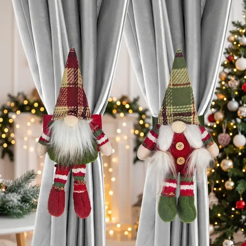2-Pack Christmas Faceless Old Man Curtain Tiebacks | Polyester Red & Green Plaid Pointed Hat, 25cm Soft Fabric Tie Design, Dual Function as Curtain Holder & — image 2