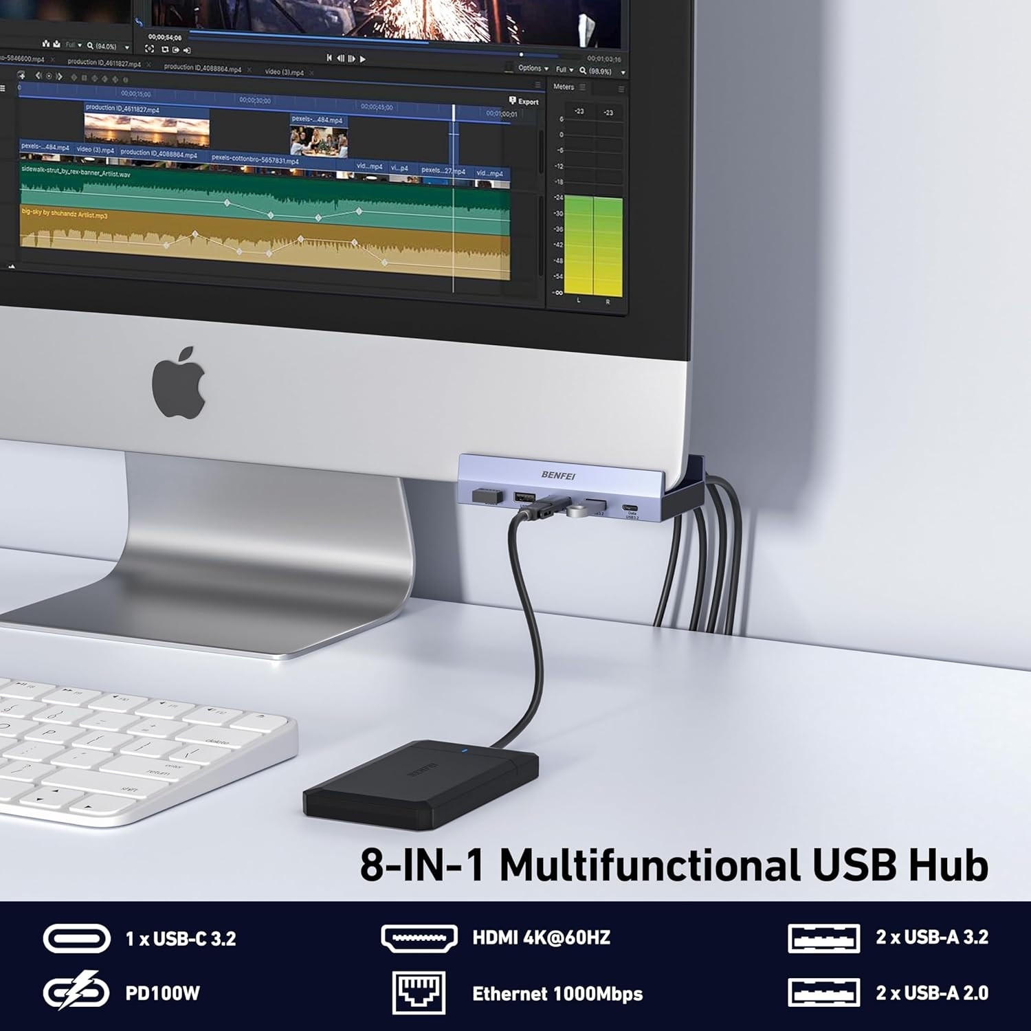 BENFEI 396GY USB-C 8-in-1 Docking HDMI 4K/60Hxz+USB-C(10G)+2xUSB-A(10G)+2xUSB2.0+RJ45+PD100W โ image 3