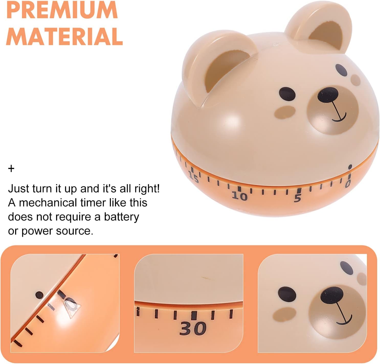Bear-Shaped Mechanical Kitchen Timer with 60 Minute Countdown and Loud Alarm for Cooking, Baking, Study and Daily Reminders, Beige — image 5