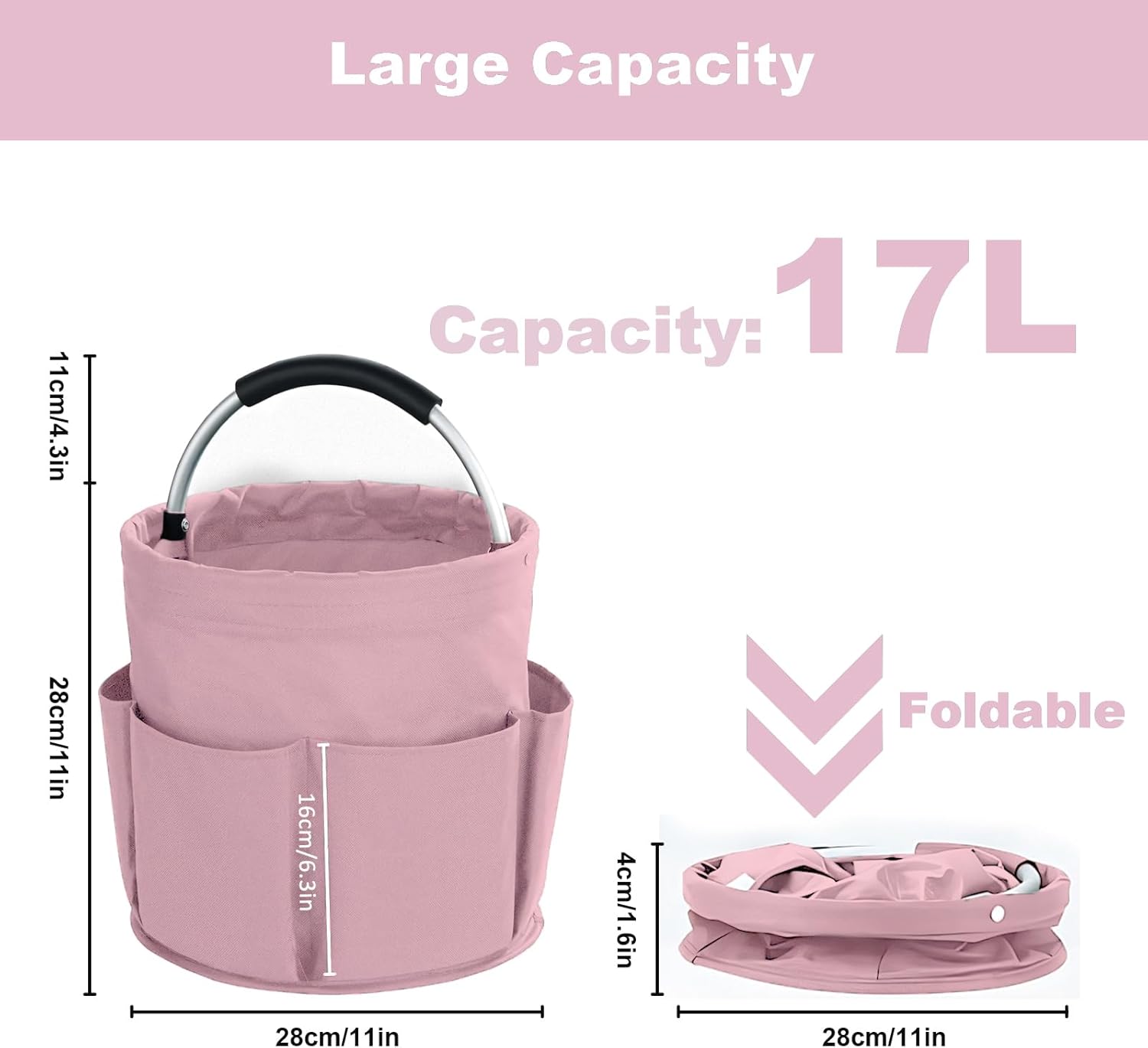 Pink Foldable Cleaning Caddy with 6 Outer Pockets: 17L Collapsible Storage Basket for Household, Bathroom, Picnic & Beach โ Durable Oxford Cloth Organizer โ image 4