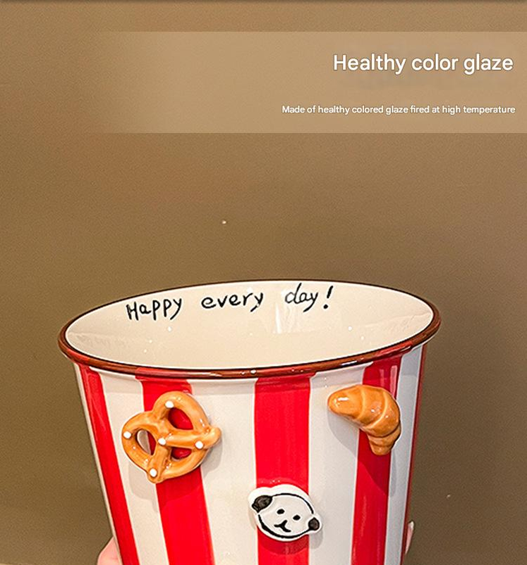 Charming Striped Ceramic Instant Noodle Bowl with 3D Accents & Happy every day!" Message(grey)" — image 4