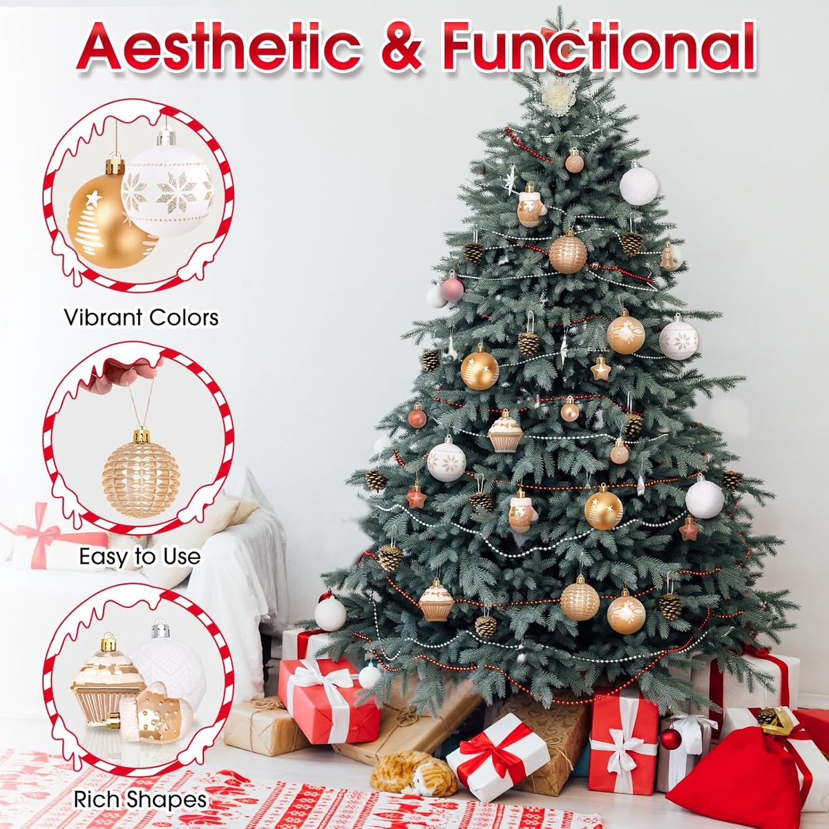 42 Christmas Tree Ornaments - Unbreakable Baubles - Various Styles for Christmas Tree Ornaments - Indoor Christmas Decorations for Home and Parties - Gold and — image 2