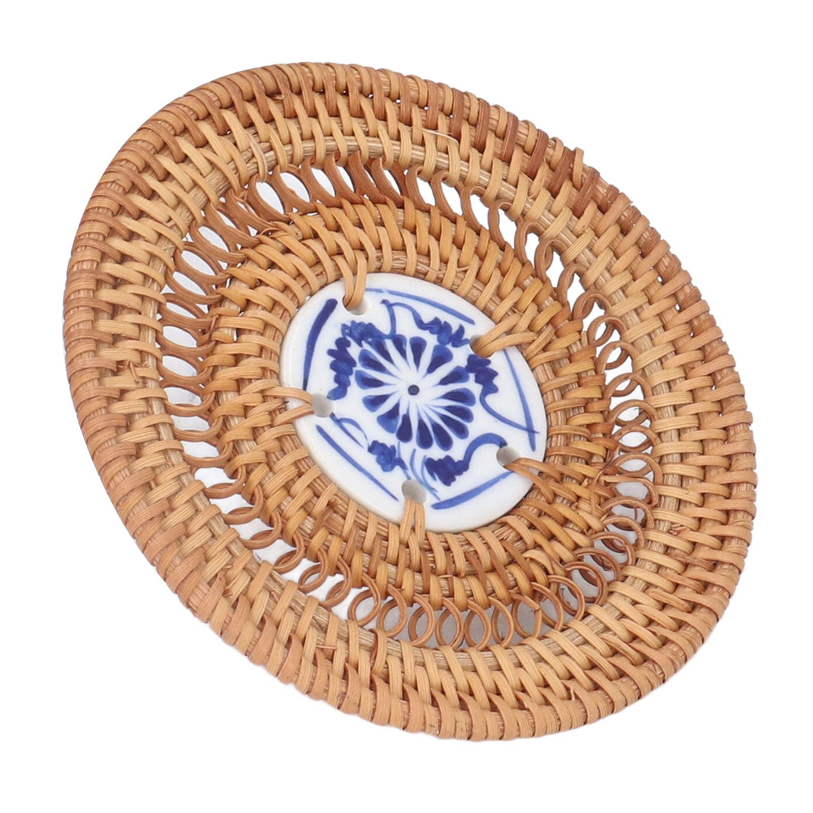 Blue and White Porcelain Coaster Round Woven Rattan Blue White Porcelain Cup Holder for Basil Cups Rattan Cups10cm/3.9in — image 6