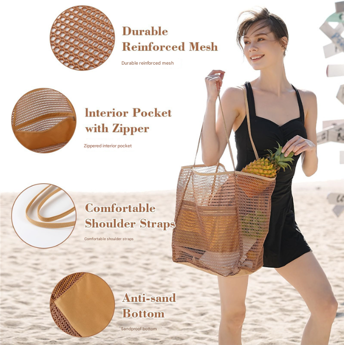 Black Large Mesh Beach Tote Bag - Lightweight & Foldable Shoulder Bag with Secure Zipper Pocket โ image 2