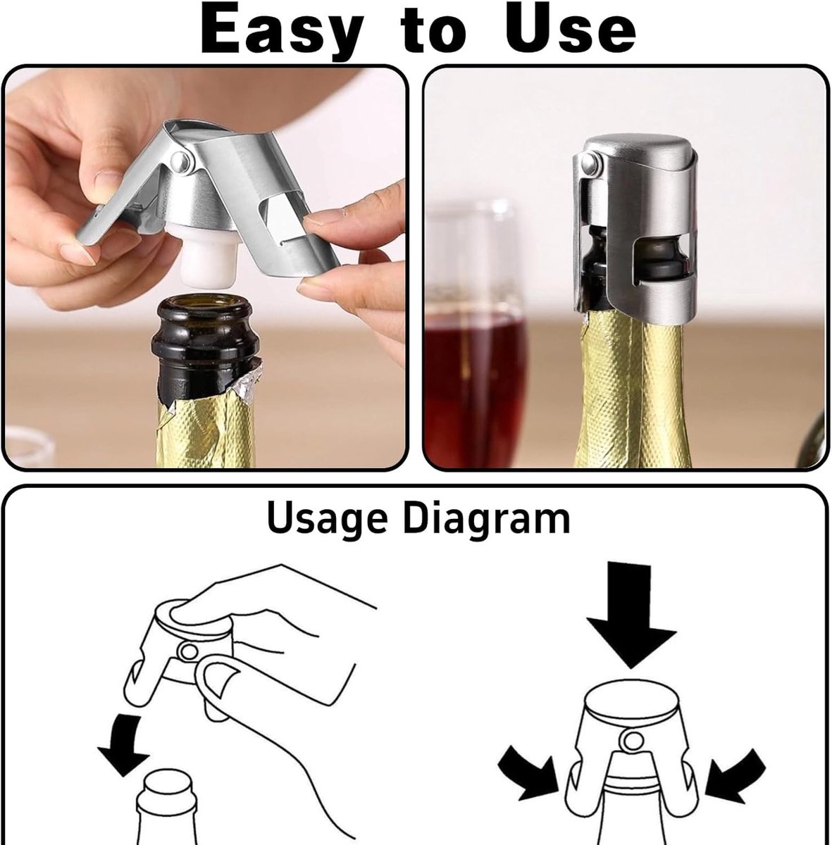 pieces - Stainless steel champagne stoppers - Reusable - champagne corks and stoppers - Food-grade anti-bubble wine stoppers - Leak-proof - For champagne, cava โ image 4