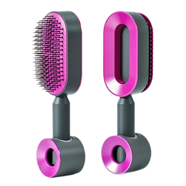 Black and Purple 3D Airbag Massage Self Cleaning Hair Brush with Base - for Long Hair - One-Click Easy Hair Removal - Scalp Soothing Detangler for Professional