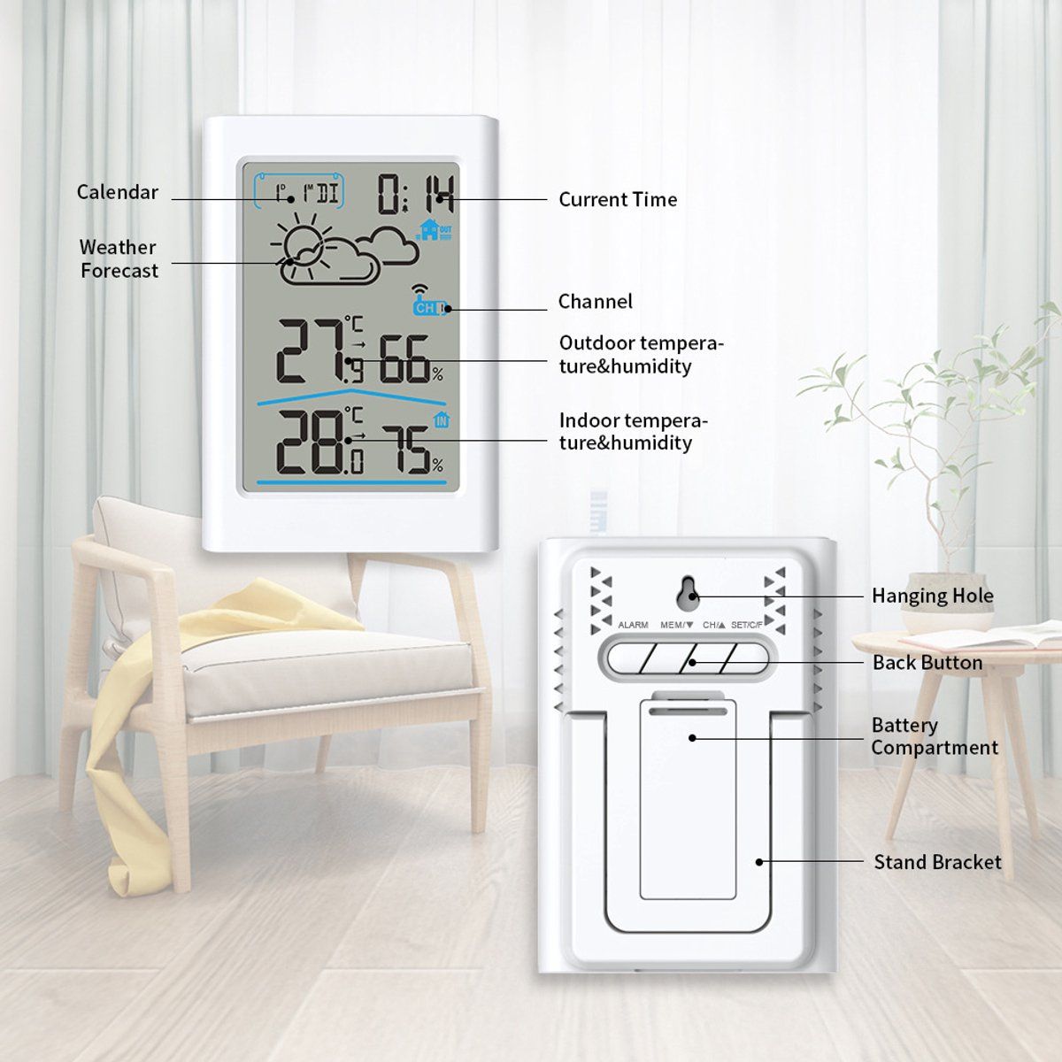 Wireless Indoor Outdoor Weather Station With Remote Sensor, Large Backlit LCD Thermometer Hygrometer, Forecast Clock Alarm For Home Office, 100 m — image 3
