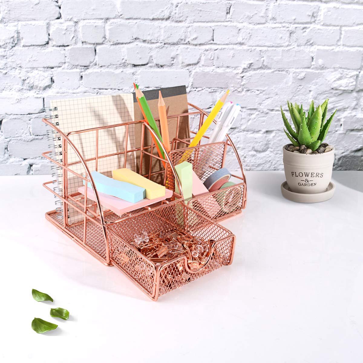 Pen Tray - 5 Compartments and Drawer - Desk Organizer - Rose Gold - Pen Holder - Desk Organizer - Durable - Non-Fading - Metal - Pen Trays - Mesh - Fashion — image 2