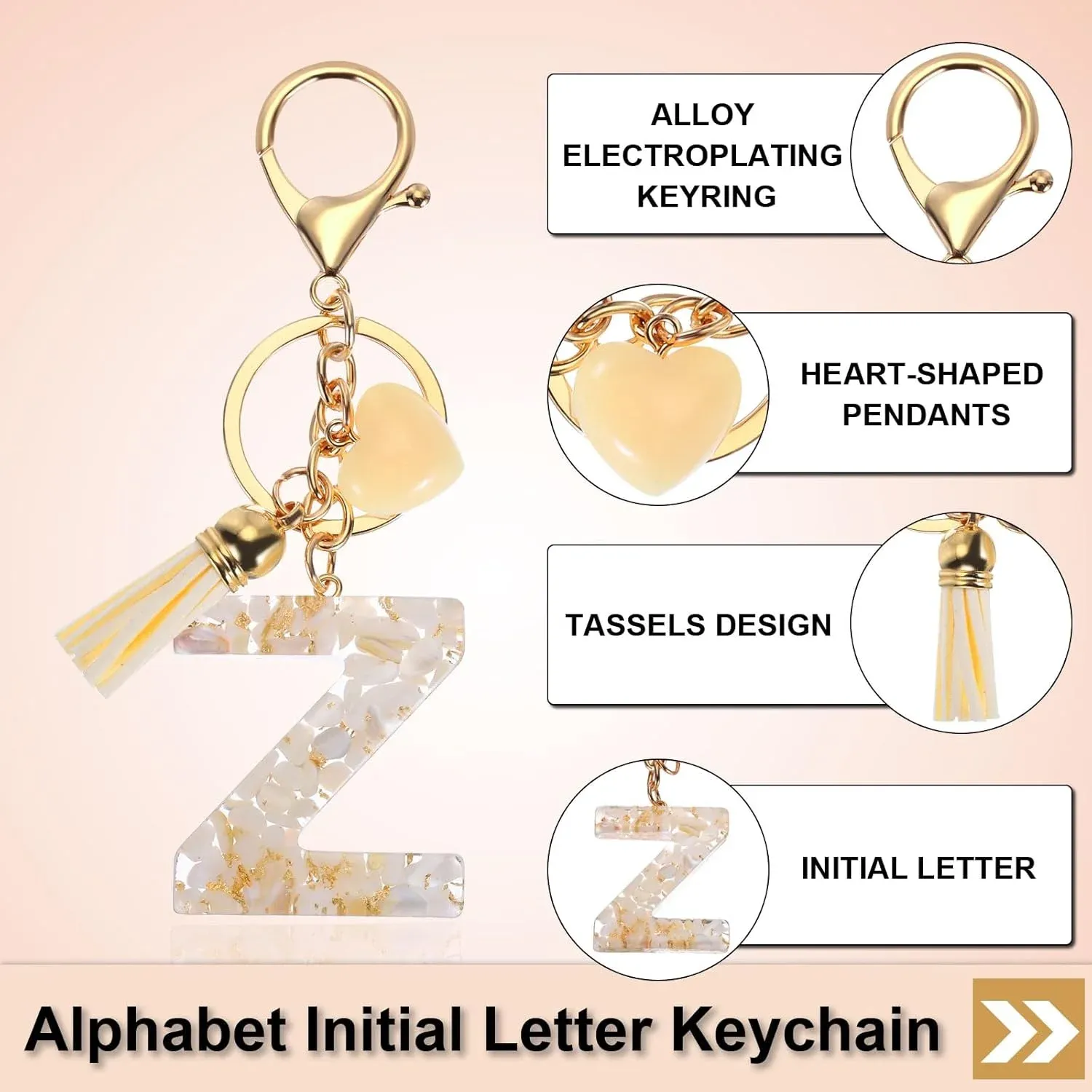 Letter Keychain Charm with Tassel and Lobster Clasp for Bag Purse Keys, Gold White Z, Letter Z Option, Daily Comfort Use — image 3