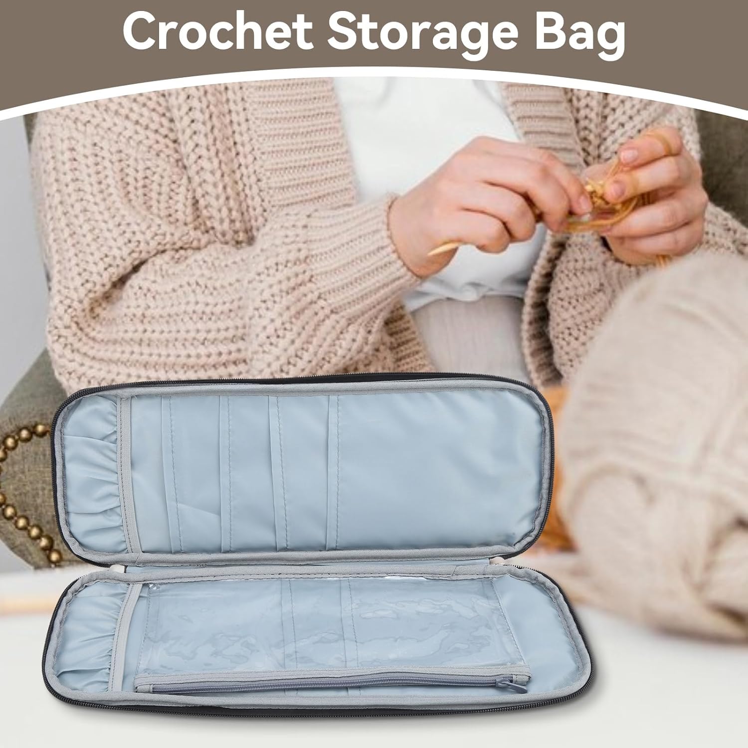 Knitting Needle Case, Travel Zipper Organizer Bag for Straight Needles Dual Crochet Case Supplies Accessories Grey — image 2