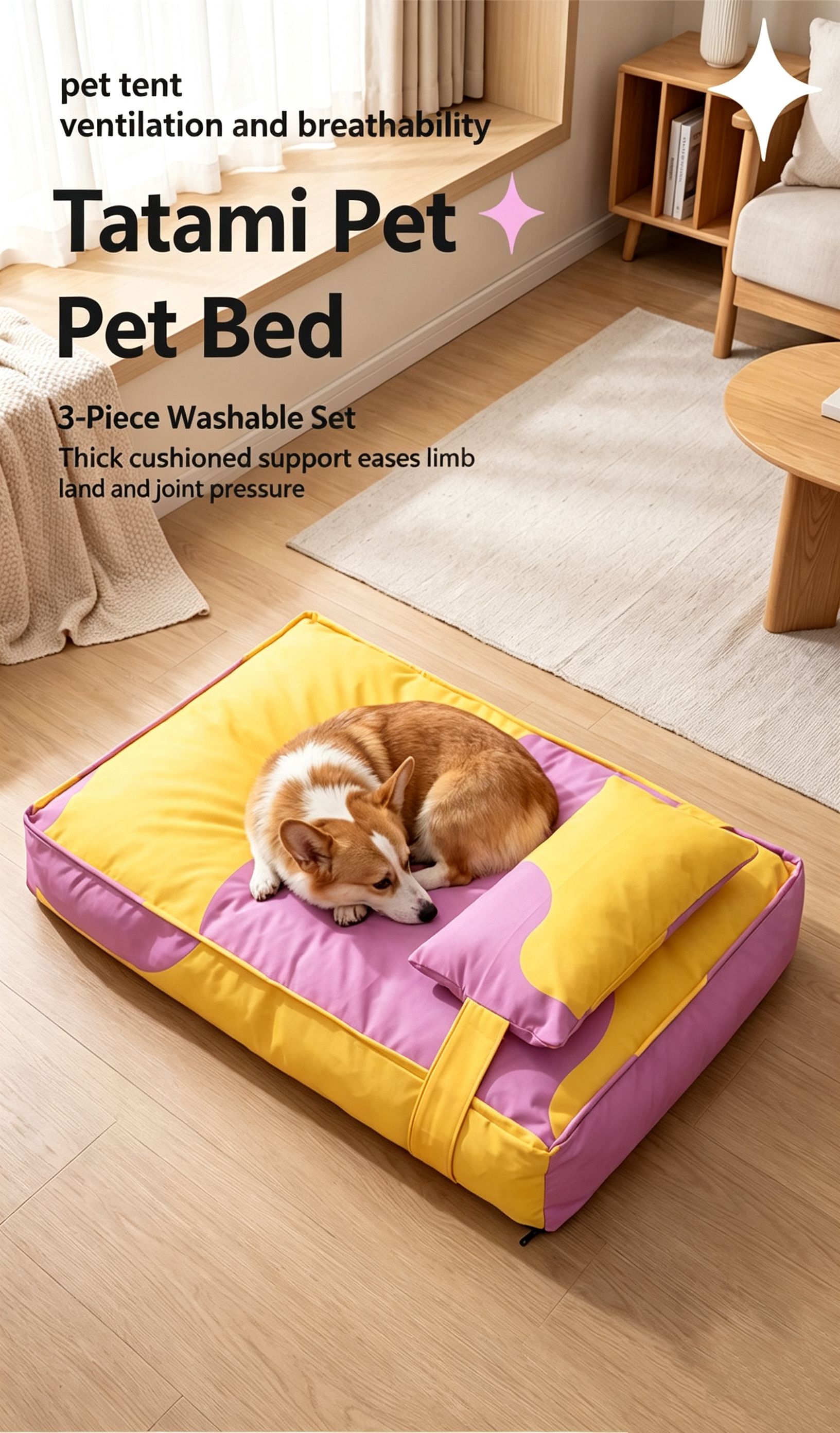 Three piece set of four season warm pet tatami pillows,Large Pink Blue — image 2