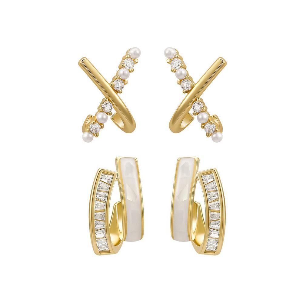 Golden Elegance Zircon Stud Earrings Women Wedding Jewelry Elegant Best Gift - Crossed-Pearls โ image 3