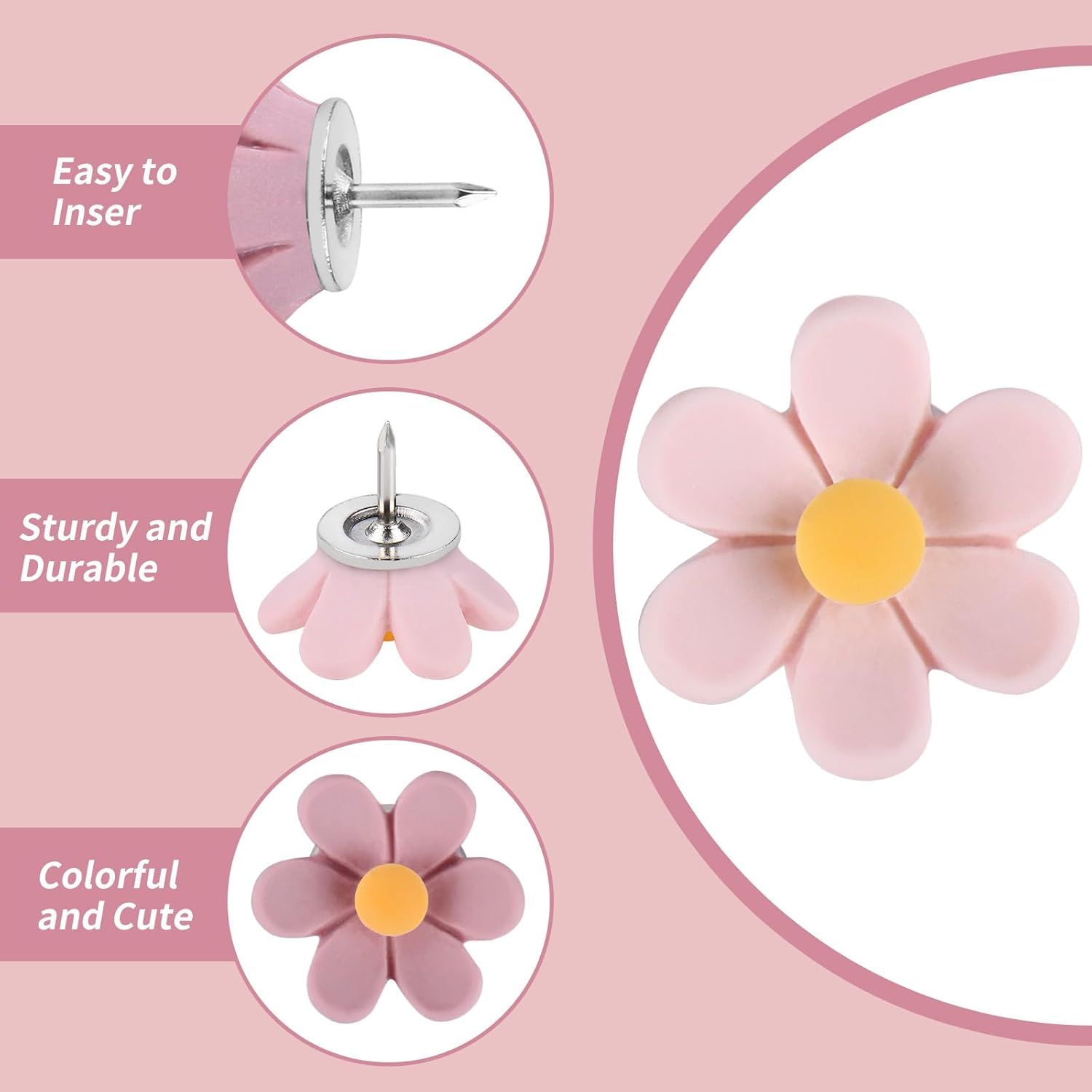 Flower Push Pins, 100pcs Pins for Cork Board Pink Decorative Thumb Tacks Cute Fun Photo Wall, Feature Map, Bulletin Board, Office or Home โ image 5