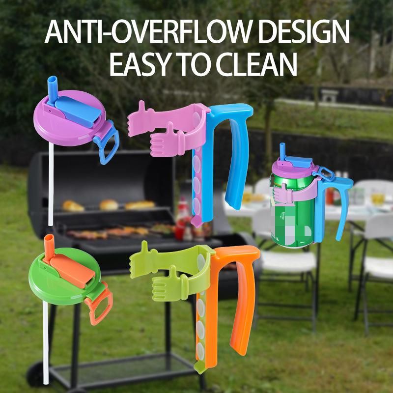 Green Soda Can Lid and Handle Holder Set - Anti-Overflow Plastic Cover with Straw and Suction Cup Grip for 12oz Cans, Portable Drink Accessory for โ image 3