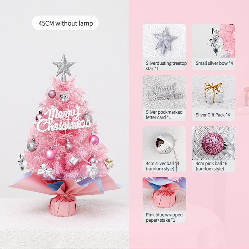 45cm Pink Mini Christmas Tree | Natural Log Base, Pink & Blue Wrapped Design, Star Topper, Letter Sign, Ornaments & Bows, Sweet Desktop Holiday Décor (No