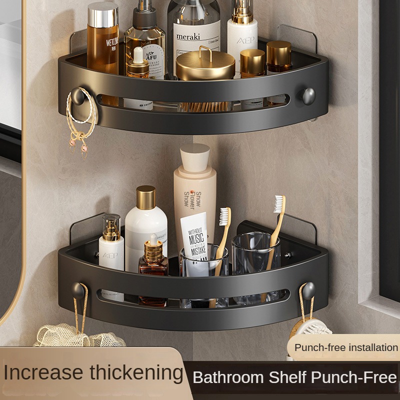 Three layers of elegant black Premium No-Drill Corner Shower Caddy - Thickened ABS Bathroom Storage Shelf with Hooks, Quick Wall Mount Organiser — image 4