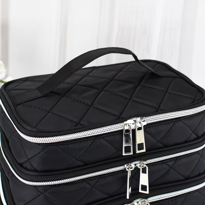 Fashionable and light luxury large-capacity black embroidered diamond-shaped cosmetic bag with three for multi-level storage, portable and hand-held, suitable โ image 5