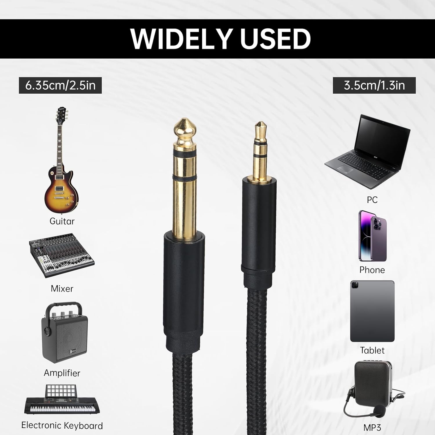 2 Pack 1/8 to 1/4 Stereo Audio Cable, 3.5mm TRS to 6.35mm Audio Cable 4Ft Stereo Cable Braided Hi-Fi Sound Bidirectional Stereo Audio Adapter Jack for Home — image 4