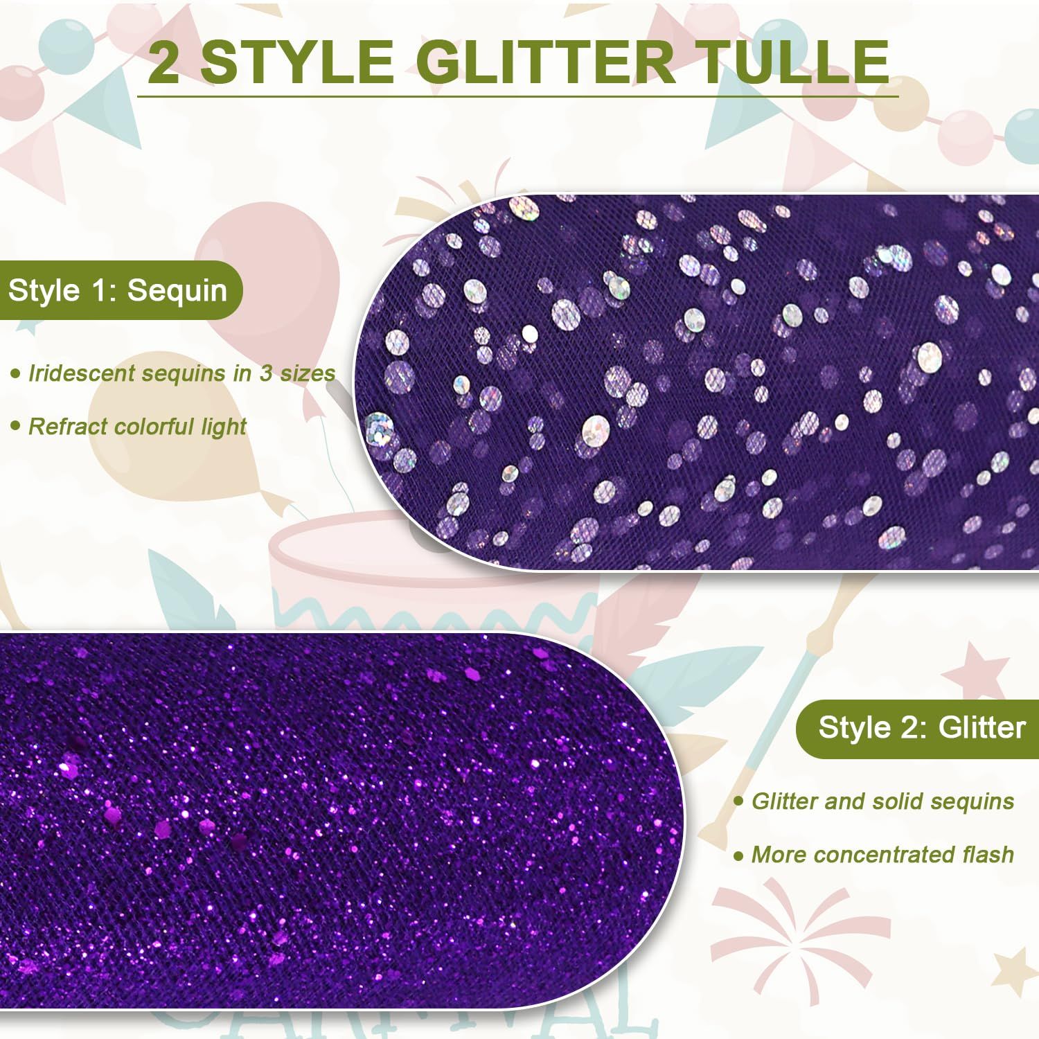 Glitter Tulle Fabric Rolls 6 Inch 50 Yards (150ft) Sparkling Ribbon Sequin Polka Dots Netting Spool, Purple