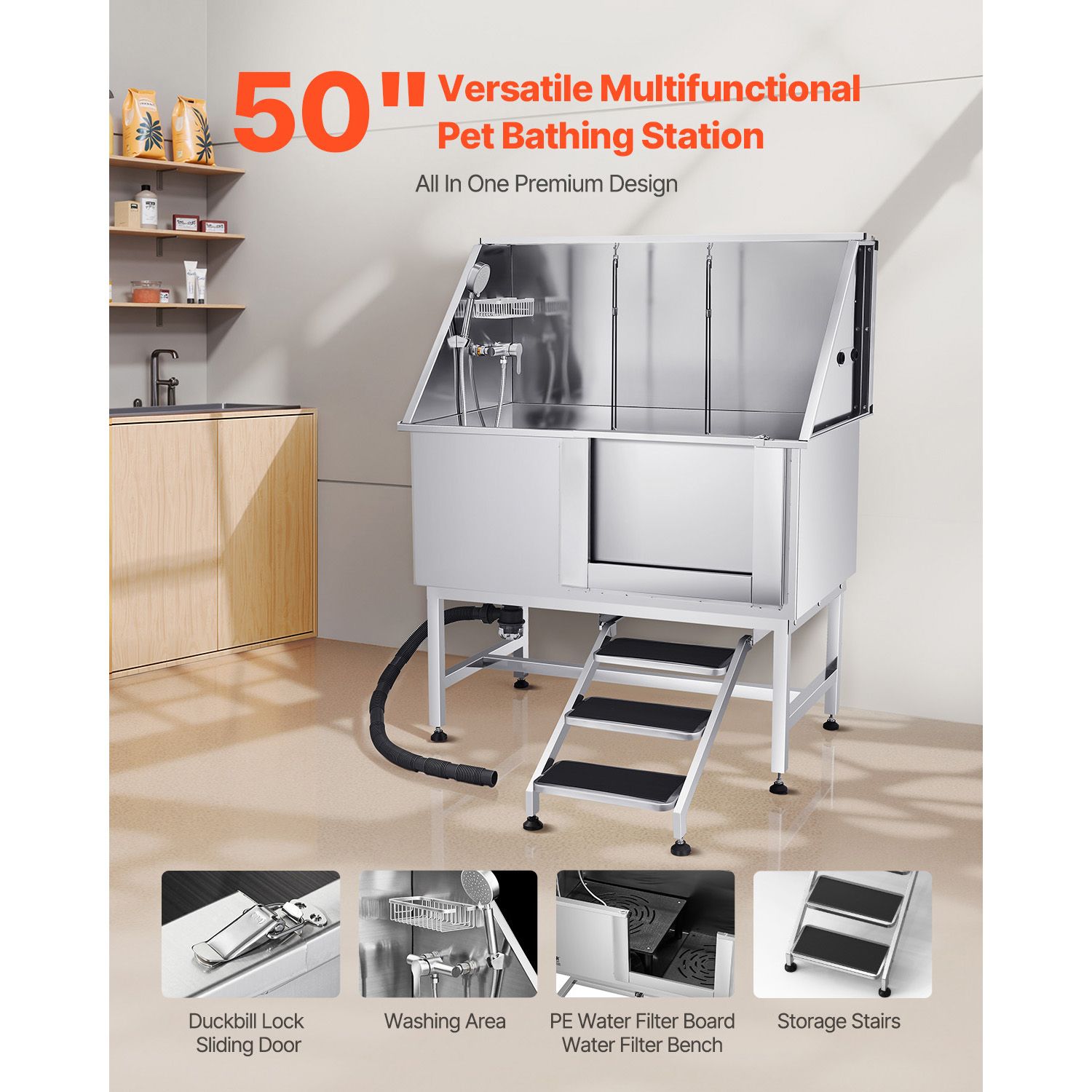127 cm Dog Grooming Bath Tub Stainless Steel w Stairs Water Filter โ image 2