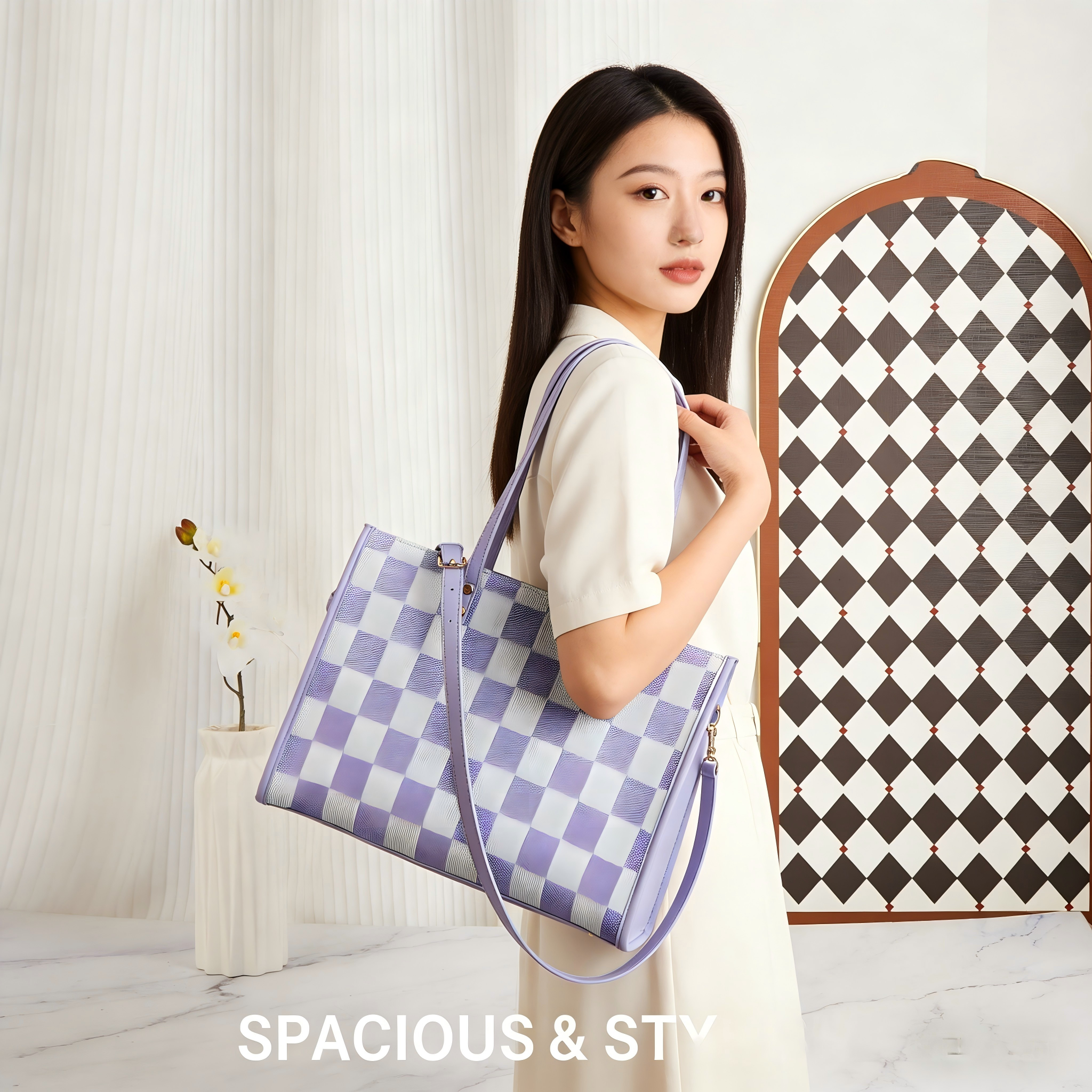 "Taro Mud Chessboard" light purple tote bag | two-in-one handbag and cross-body bag, can hold a computer + documents + girly heart, gentle to the point of