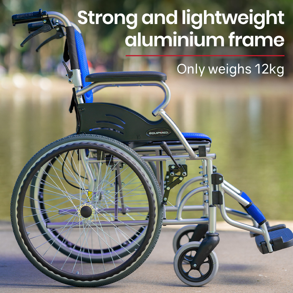 EQUIPMED Folding Aluminium Wheelchair, 20" Wheels, Park Brakes, 100kg Capacity, Blue โ image 3