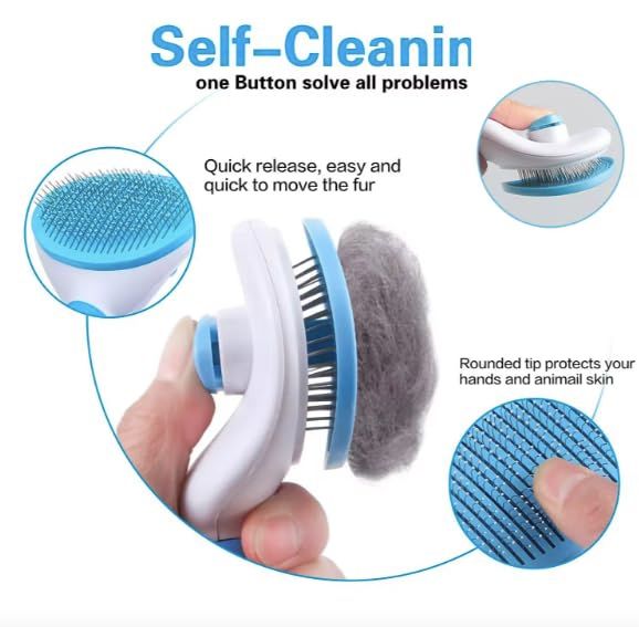 Pet Clean Hair Remover Button Stainless Steel Brushes Dogs Cat Slicker Self Cleaning Grooming Pet Comb Brush — image 3