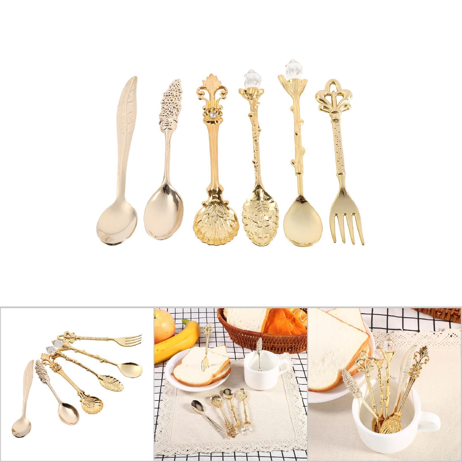 6Pcs/Set Retro Royal Style Metal Mini Coffee Spoons and Fork Kitchen Fruit Accessories Golden โ image 5