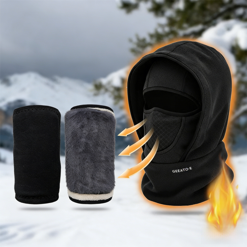 Windproof Thermal Rider Protection Set - 2 Pack Faux Rabbit Fur Knee Braces & Black Fleece Balaclava Hood Outdoor Sports Warmth Bundle