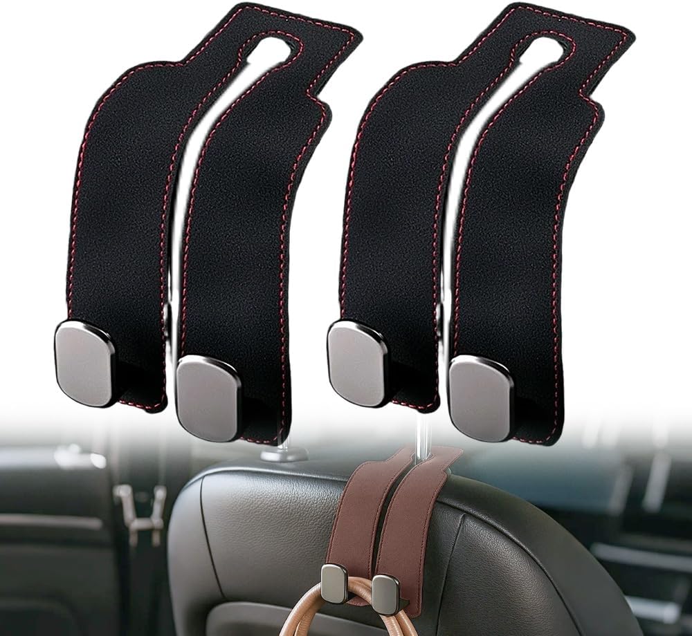 Headrest Hook for Car Seat Headrest, 2026 Wallet & Bag Hook Cute Car Wallet Holder, Double Hook Leather Car Headrest Hook Seat Back Storage Bag for Travel