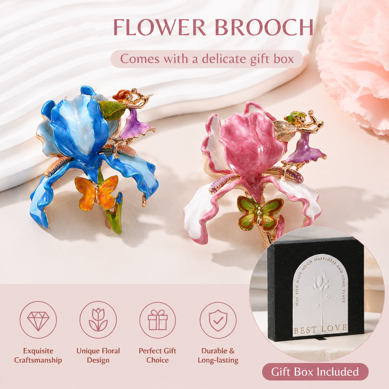 Vintage Large Flower Enamel Brooch with Fairy and Butterfly Blue - Luxury Floral Pin with Gift Box, Elegant Accessory for Women Coat Dress Scarf โ image 4