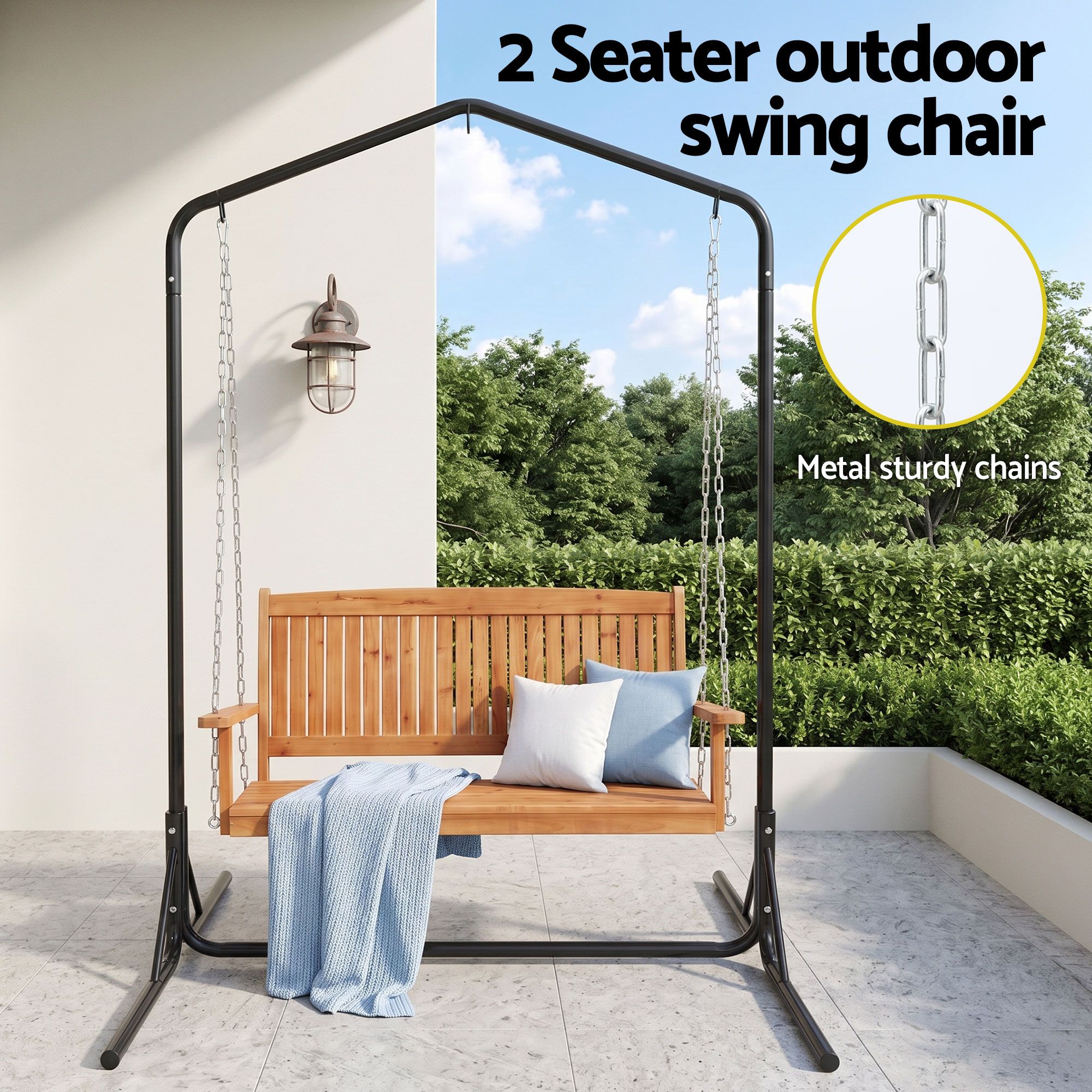 Gardeon Wooden 2-Seater Outdoor Swing Chair with Black Stand Hanging Chair Patio Furniture — image 4