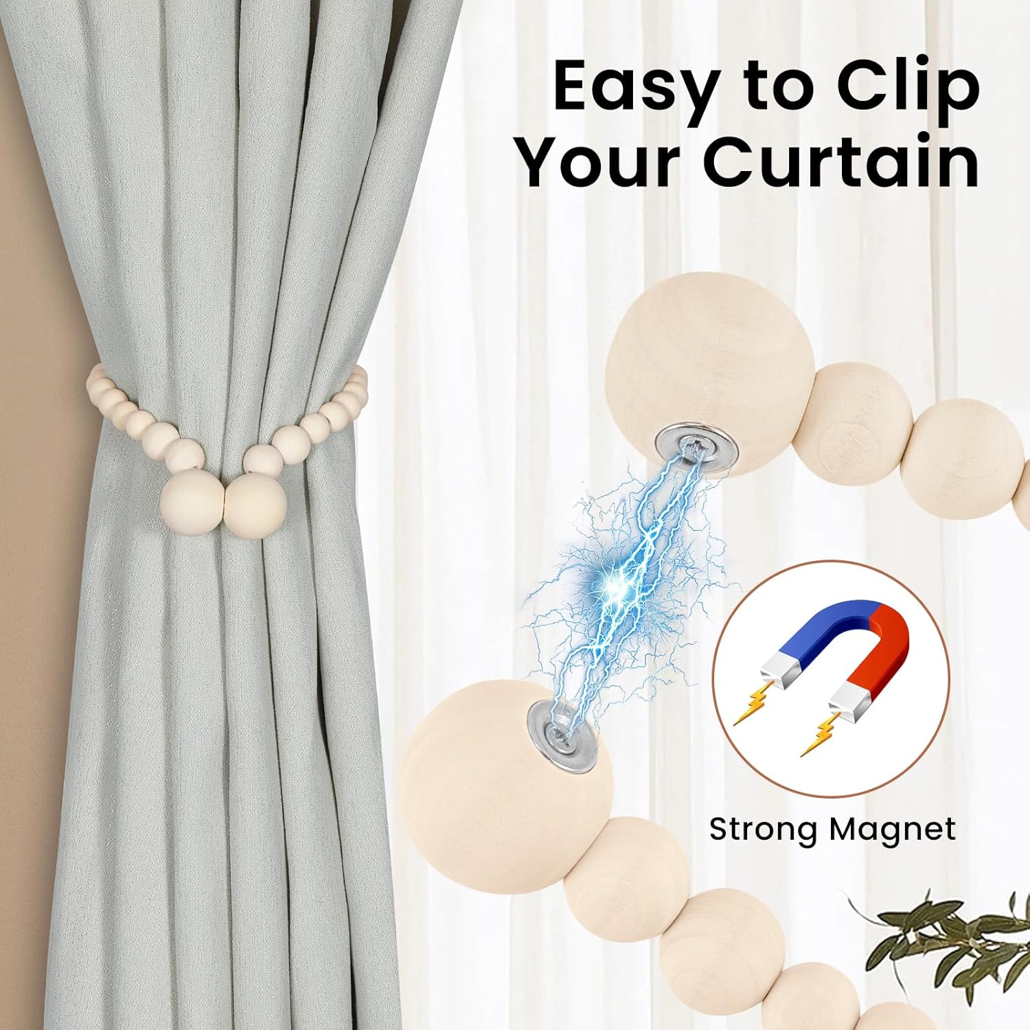Magnetic Curtain Tiebacks, Curtain Holdbacks for Curtains 2 Pack, Wood Bead Curtain Holders for Boho Bedroom Decor, Baby Nursery Decor, Farmhouse Decor — image 2