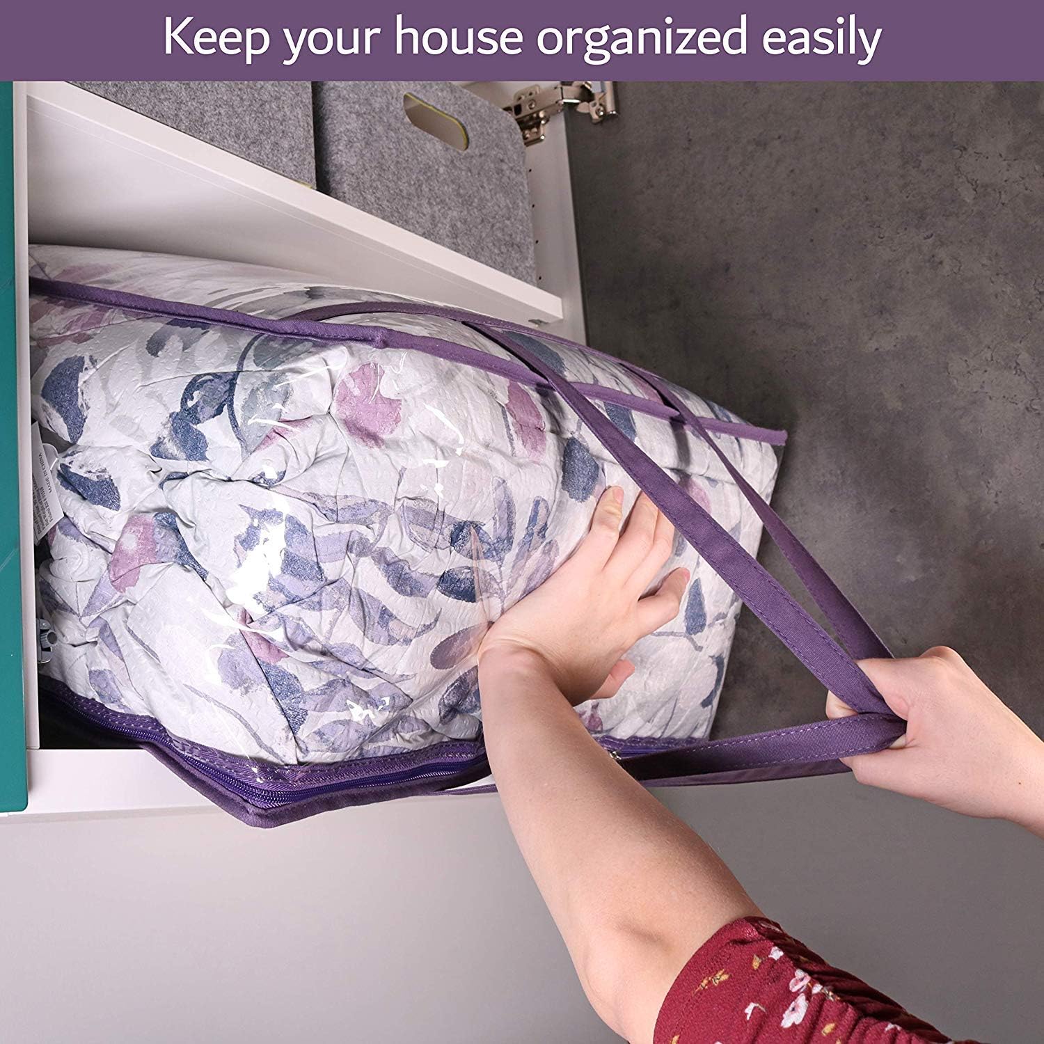 Clear Vinyl Zippered Storage Bags (3-Pack) 40L Sturdy Storage Bags for Sweaters, Blankets, Comforters, Bedding Sets and Much More! (Purple, 18x15x9) โ image 5
