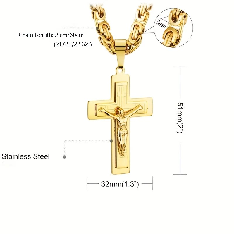 Trendy Gold-Plated Cross Men's Pendant, paired with a Cuban chain—a bold, personal expression of faith.silver — image 3