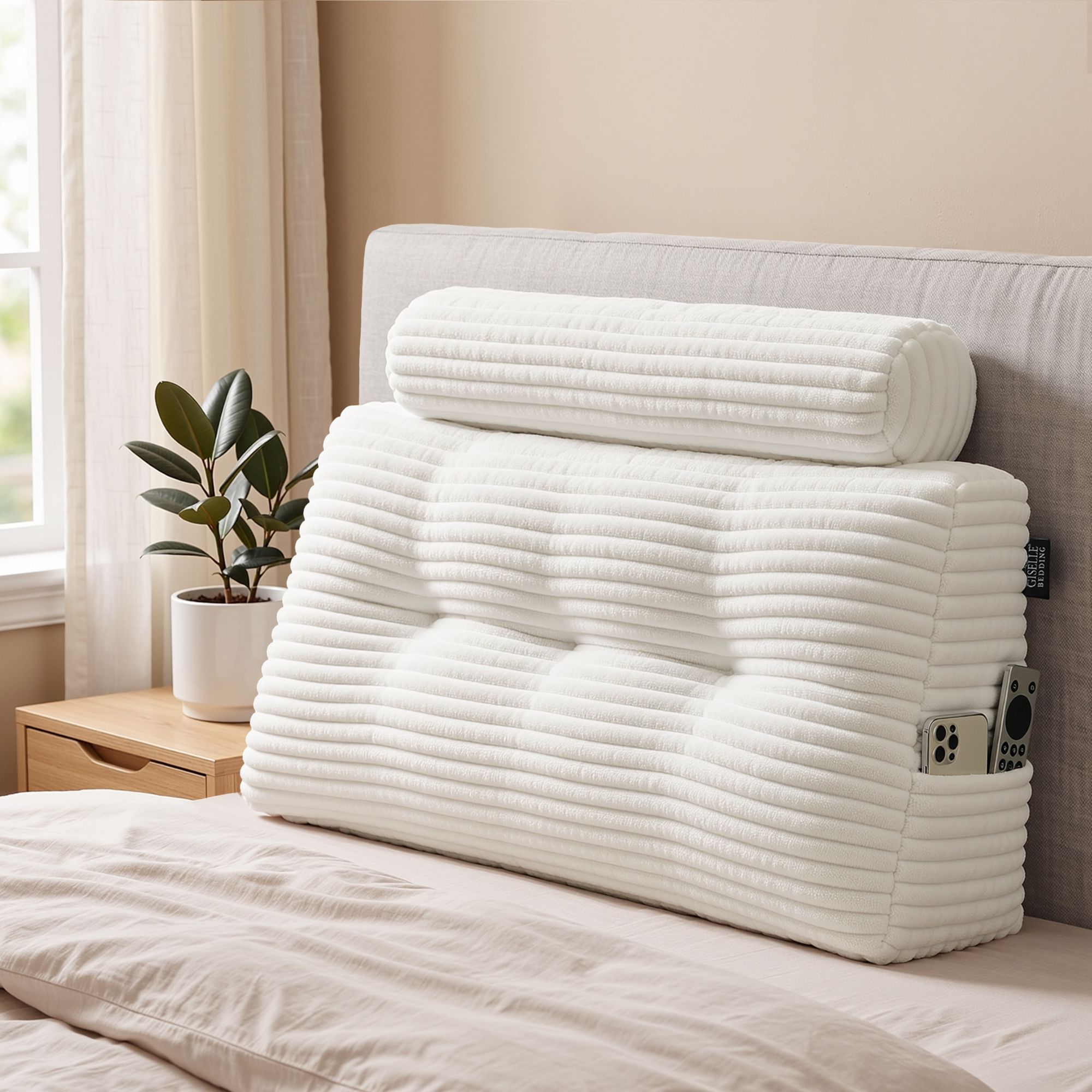 Giselle wedge pillow headboard with non-flattening shredded foam core, perfect for dorm reading or sofa lap desk, 330g corduroy cover, side pockets, King