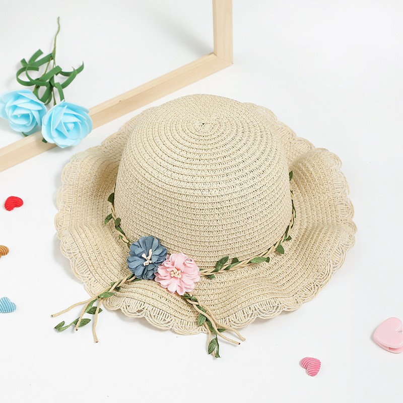 Beige Girls Summer Princess Straw Hat and Matching Purse Set - Breathable Floral Wide Brim Sun Protection Sun Hat — image 2
