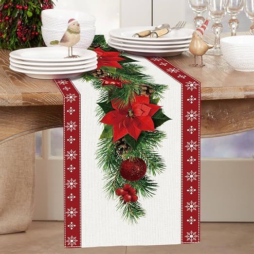 Set of 2 rustic-style red Christmas table runners featuring snowflake and poinsettia patterns, measuring 33 x 183 cm — image 2