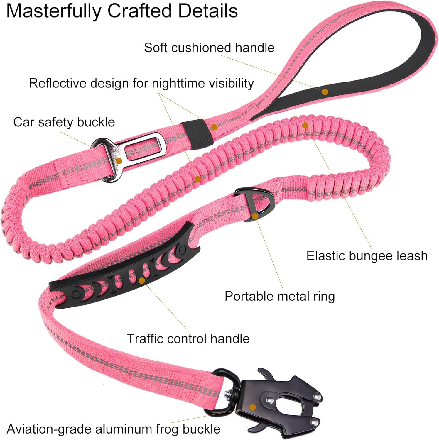 Tactical Bungee Dog Leash - Pink Heavy Duty Leash for Large Dogs with Reflective Stitching, 2 Handles, Seatbelt Clip, 4-6FT — image 2