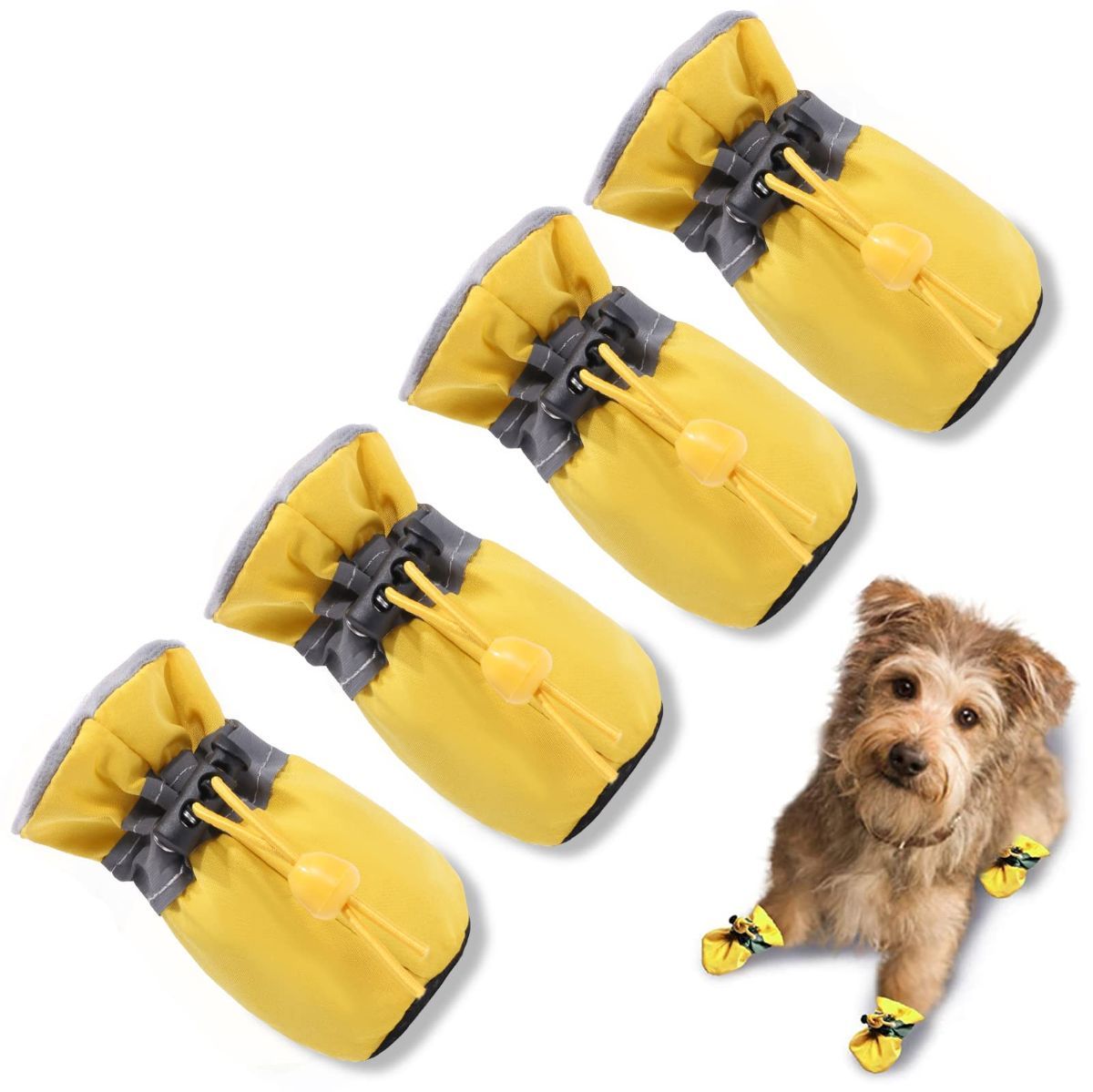 4PCS Dog Boots Paw Protector, Anti-Slip Winter Dog Shoes with Reflective Straps for Small Medium Dogs - Yellow - Size 4