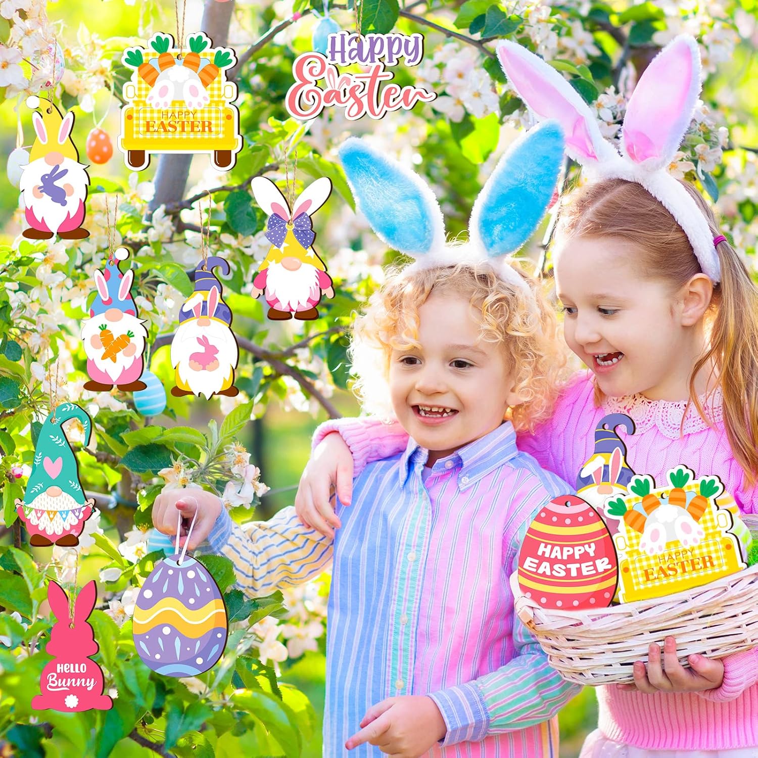 Glenmal 36 Pcs Happy Easter Ornaments for Tree Easter Wooden Hanging Ornaments Egg Bunny Tree Decorations Spring Gnome Chick Wood Slices Pendant with Rope for — image 5