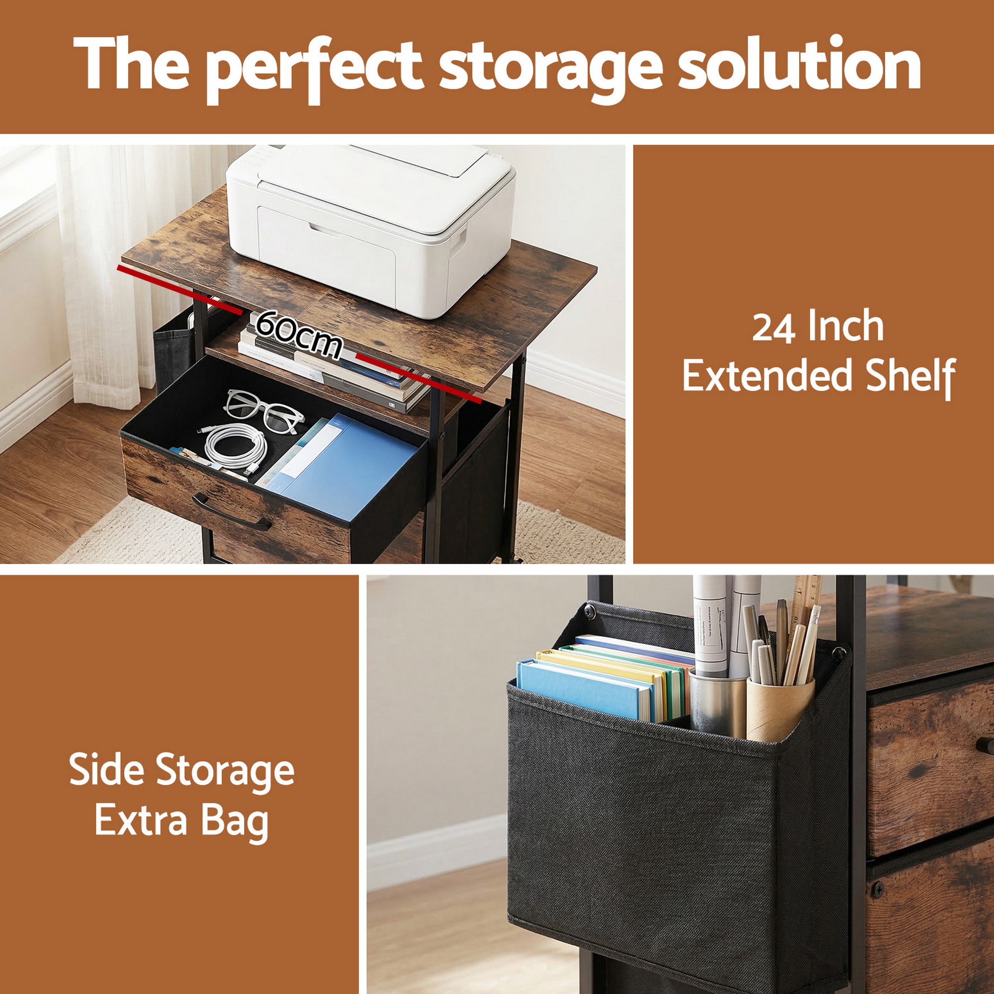 Artiss 2 Fabric Drawer File Cabinet Printer Stand Rolling File Cabinet with Side Bag — image 5