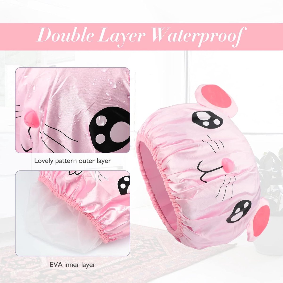 Shower cap - 2 pieces - pink mouse and gray mouse - cute shower cap with double layer - waterproof - Bath cap, children, long hair, shower cap — image 2