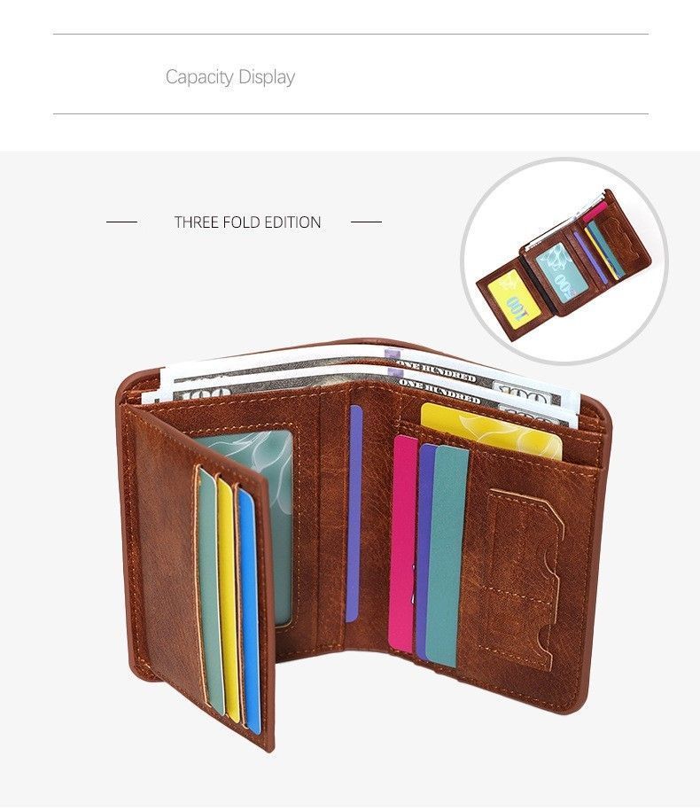 Vintage PU Men Trifold Wallet Slim Short Foldable Credit Card Holder Coin Storage Coffee Suitable for Christmas Gifting — image 5