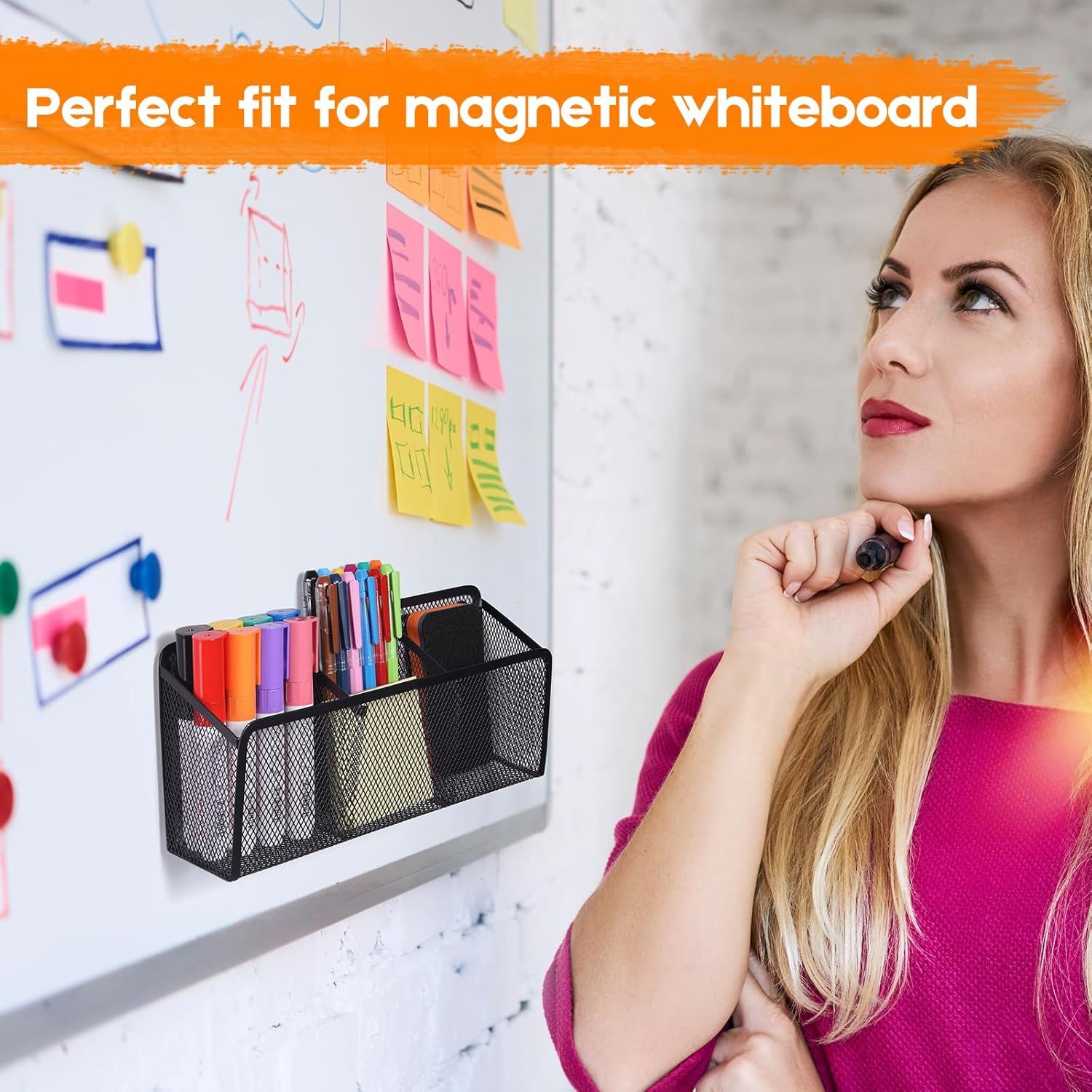 Magnetic Pencil Holder - Extra Strong Magnets Mesh Marker Holder Perfect for Whiteboard, Refrigerator and Locker Accessories (3 Baskets, 1 Pack Black) โ image 3