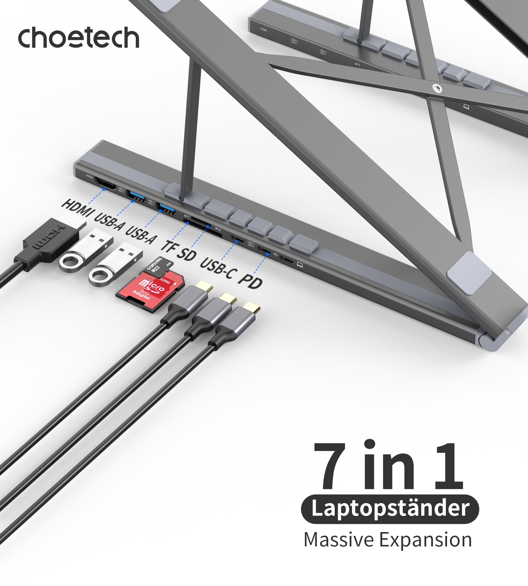 CHOETECH HUB-M48 7-in-1 Hub + Foldable Laptop stand USB-C to HDMI 4K/USB-A/TF&SD/USB-C with PD Charging — image 2