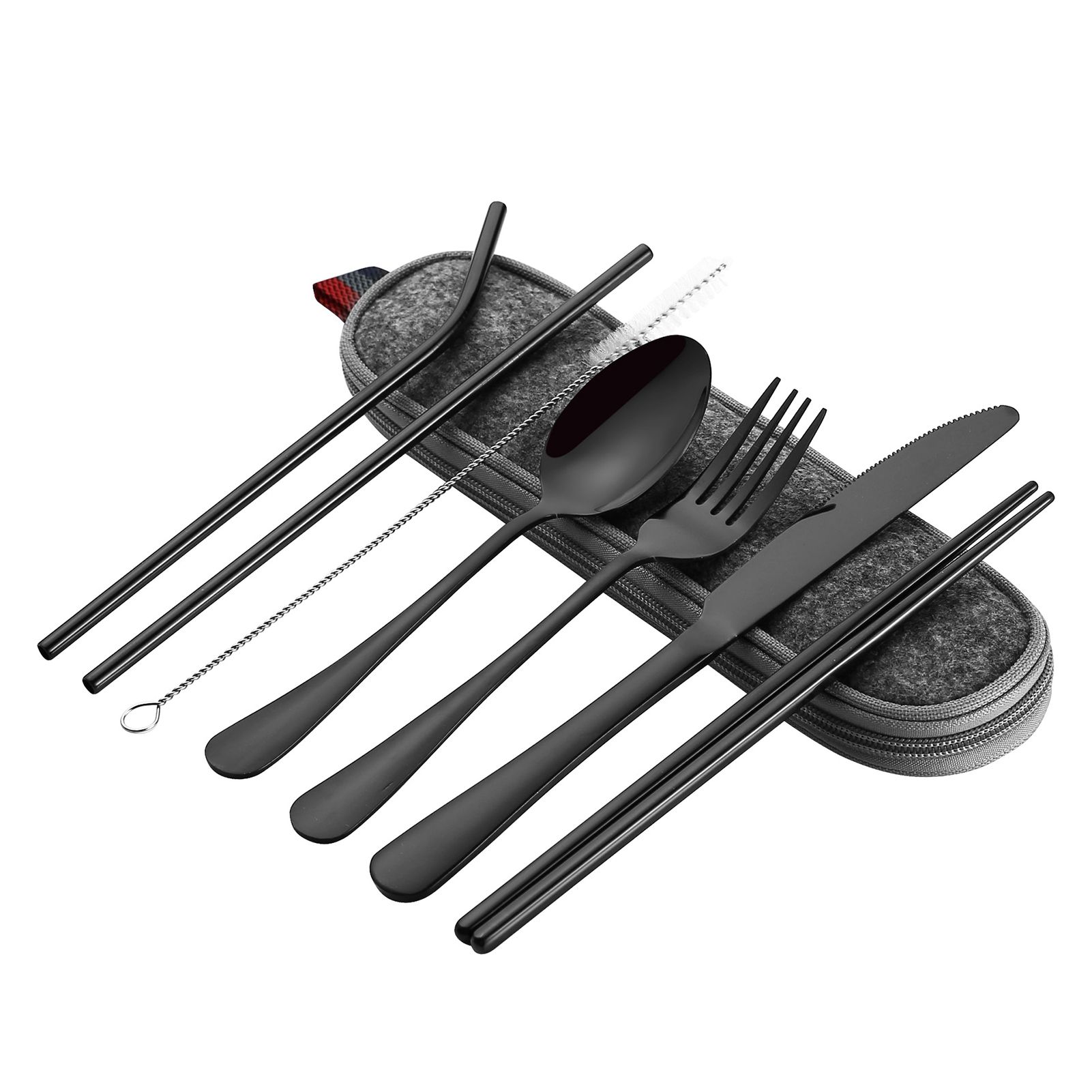 8 Pieces Stainless Steel Flatware Set Portable Travel Cutlery Set with Case Chopsticks Knife Fork Spoon Straws Cleaning Brush โ image 4
