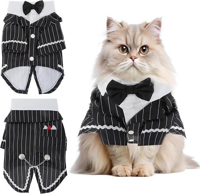pet products Dog Cat Tuxedo Suit with Bow Tie - Formal Black & White Striped Pet Costume Shirt, Elegant Wedding Outfit Birthday Party Attire for Maltese