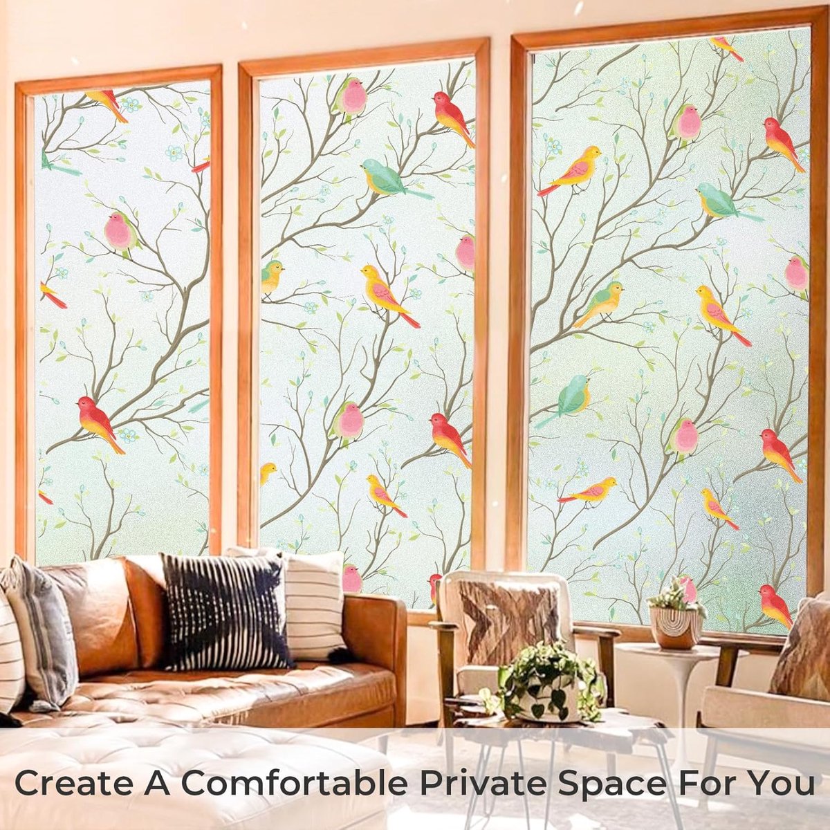 Window film - Glue-free adhesive film for windows and bathrooms - 30cm*1m - PVC - Static - Easy installation - Colorful - Branches and birds — image 2